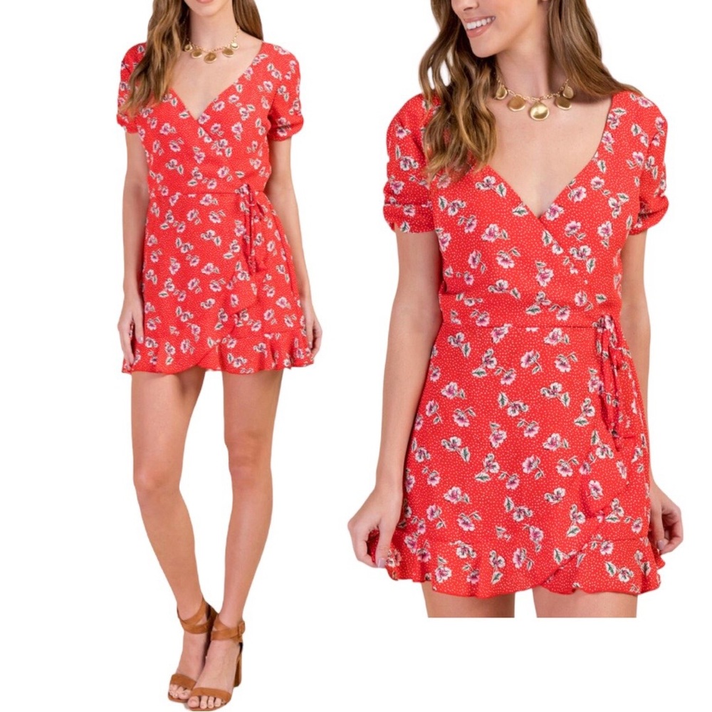 Red Floral Wrap Romper with Short Puff Sleeves